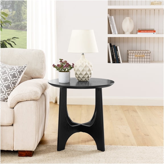 JERFIT 25 inch Round End Table, Black Wood Grain Nightstand with Adjustable Feet, Modern Cross Leg Design for Living Room, Bedroom