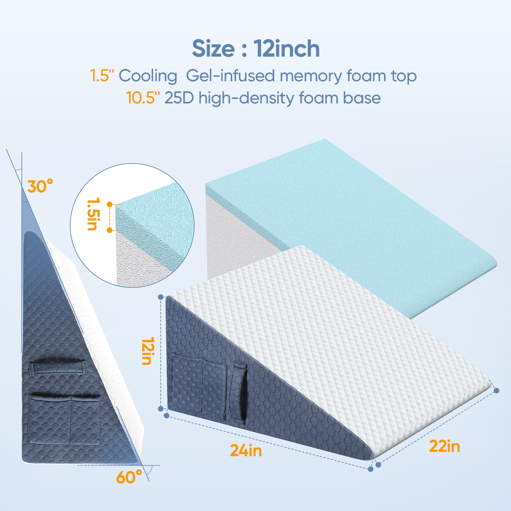 12inch Wedge Pillow For Sleep  Bed Acid Reflux Neck Memory Foam Top Removable Washable Cover Incline Improved