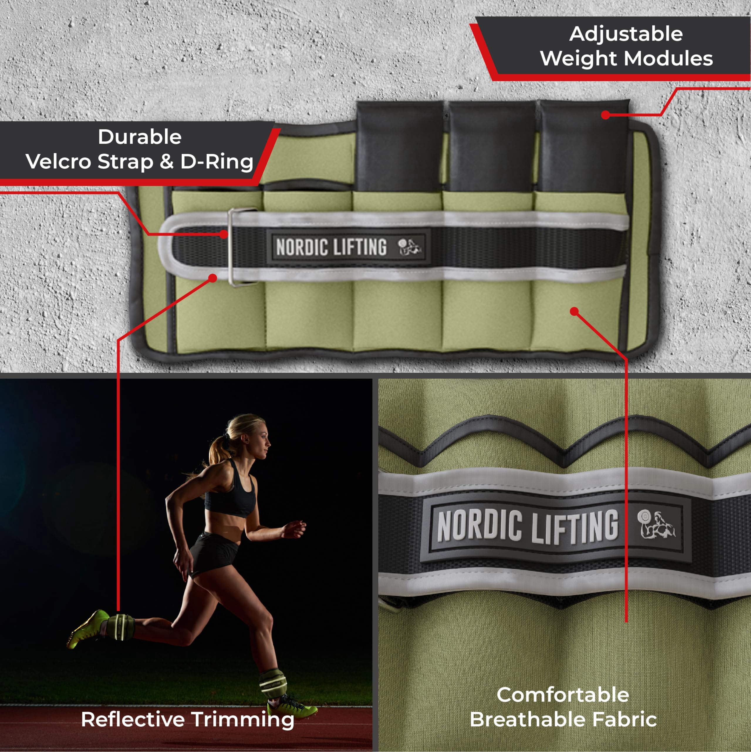 Nordic Lifting Adjustable Ankle Weights for Women and Men 2 4 6 8 10 Lbs, 1 Pair - Army Green