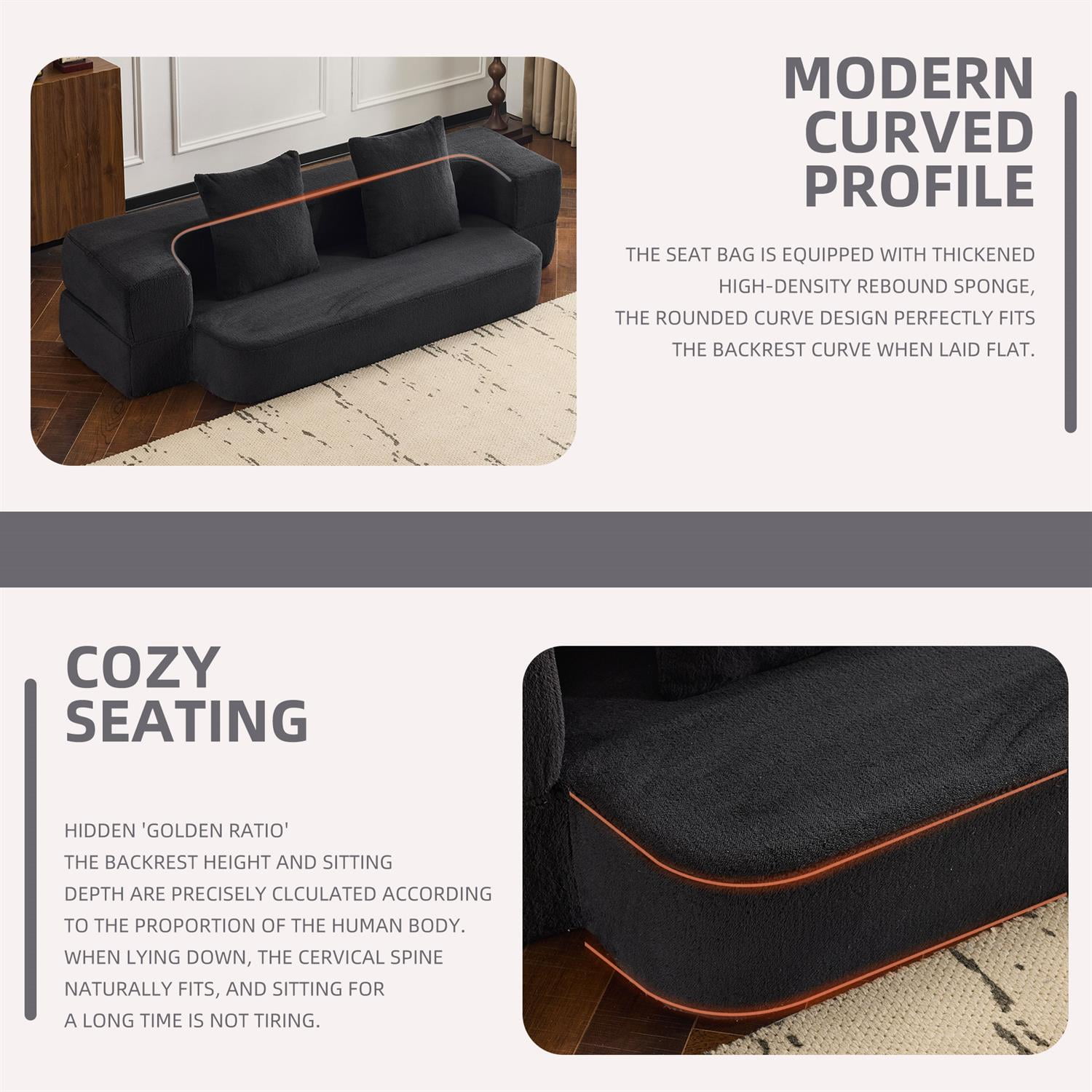 Demi Bonn Versatile 3-in-1 Sectional Sofa with Ottomans, Cozy Foam Fold-Out Bed, Space-Saving Chenille Lounger for Small Apartments & Home Offices, Black