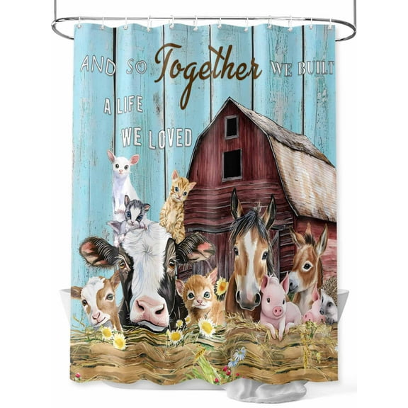Shower Curtain Farm Animal Shower Curtains for Bathroom, Waterproof Polyester Shower Curtain Set with Hooks, Small Stall Size 36" x 72" Barn Horse Pig Cow Teal