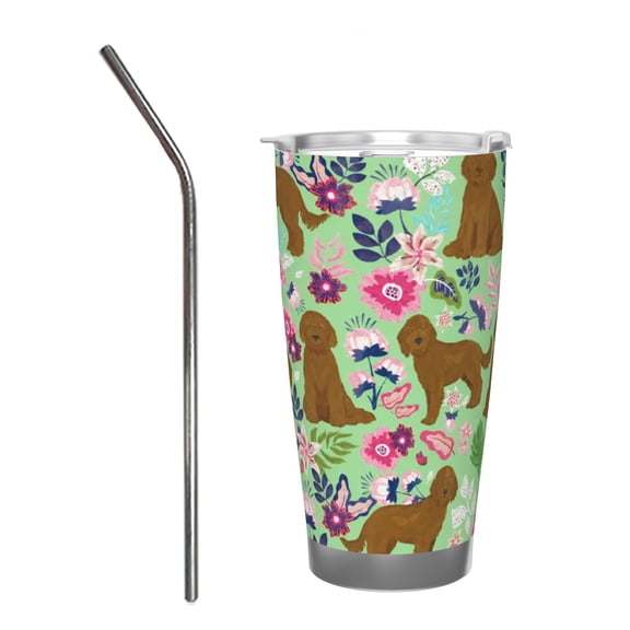 20oz Brown Doodle Dog Tumbler with Handle and Straw Floral Puppy Stainless Steel Insulated Travel Coffee Cup Gift with Stainless Steel Straw