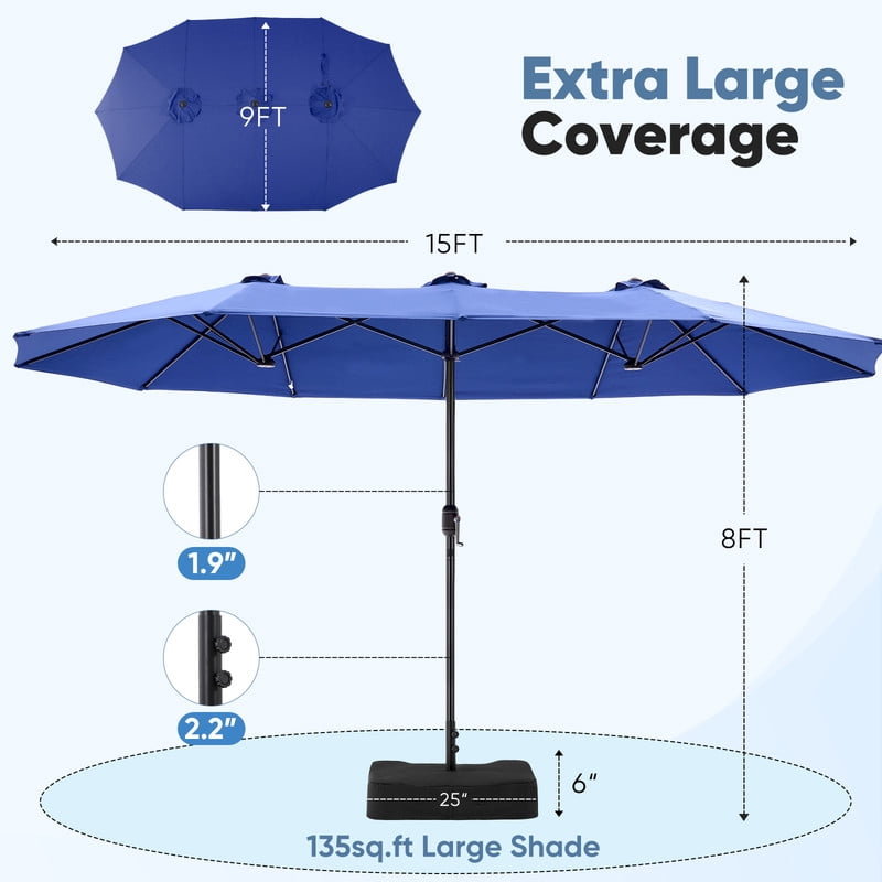 Gianna 15 FT Triple Head Patio Umbrella, 12-Rib Design with 135 SQ FT Coverage, UV50+ Waterproof Canopy Includes Sandbox Base for Outdoor Patio Camping，Navy Blue