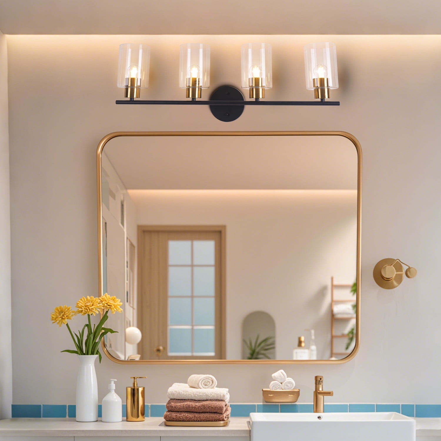 4-light Bathroom Light Fixtures, 27.6" Modern Vanity Lights Over Mirror With Clear Glass Shades, Black & Copper Light Fixture, Classic Wall Light Fixture For Mirror, Bulbs Not Included