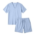 thumbnail image 4 of BLTIBY Mens Summer Linen 2 Piece Outfits V Neck Short Sleeve T-Shirts and Drawstring Shorts Casual Loose Beach Loungewear with Pockets Light Blue L, 4 of 9