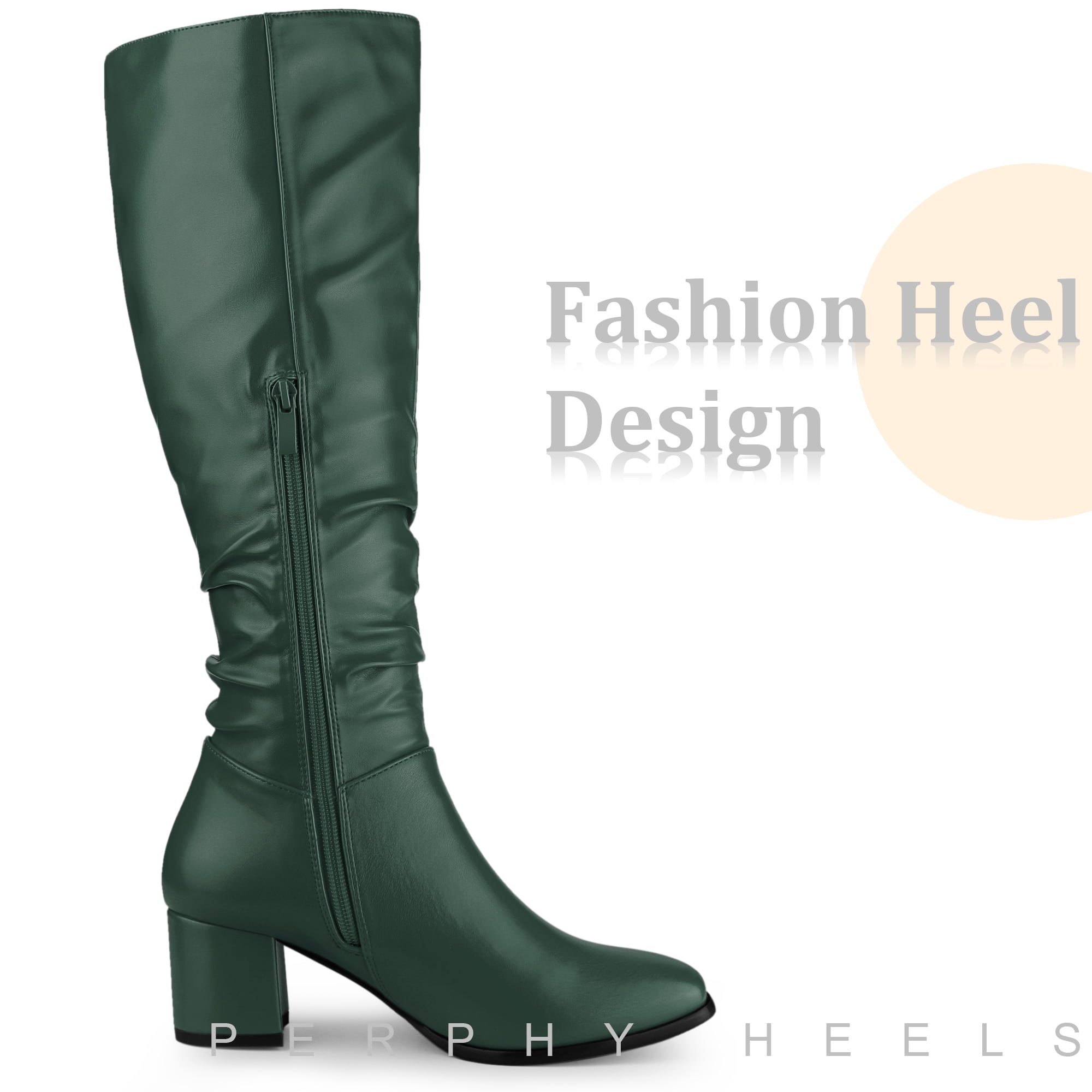 DARING DIVA Women's Slouch Square Toe Chunky Heels Knee High Boots Dark Green 9.5