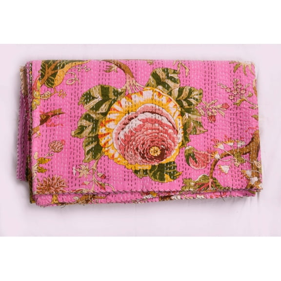 Indian Kantha Quilt Kantha Blanket Cotton Kantha Bedspread Handmade Kantha Coverlet Throw Queen Size Floral Print