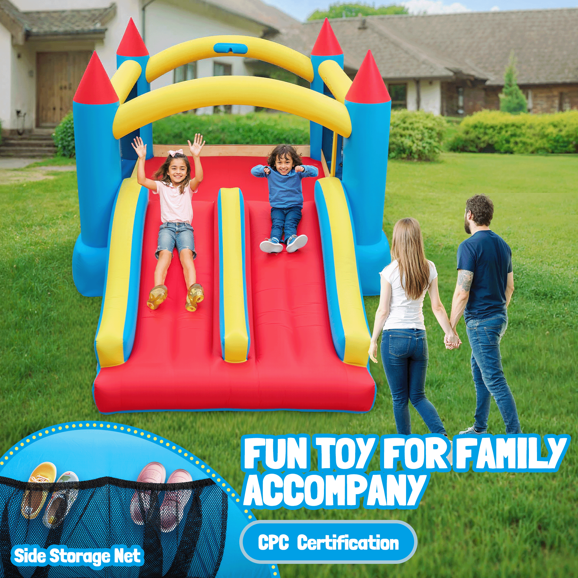 Entil Inflatable Bounce House with Dual Slides & Blower, 13.4x9x6FT, Outdoor/Indoor for Kids Gift, FCC & CPC Certified, Blue & Red