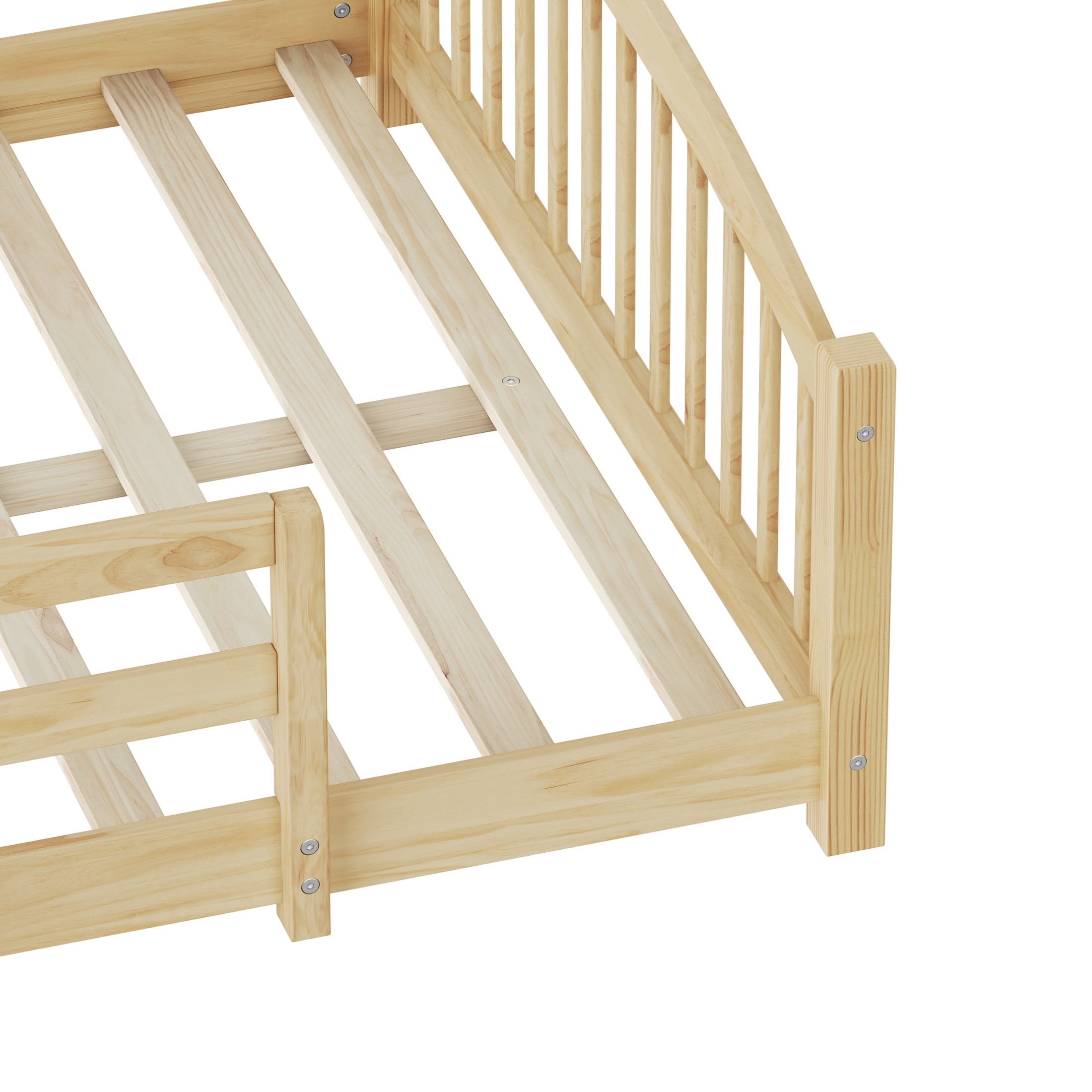 Noble House Full Floor Bed with Slats, Safety Guardrails, Solid Wood Frame, Natural