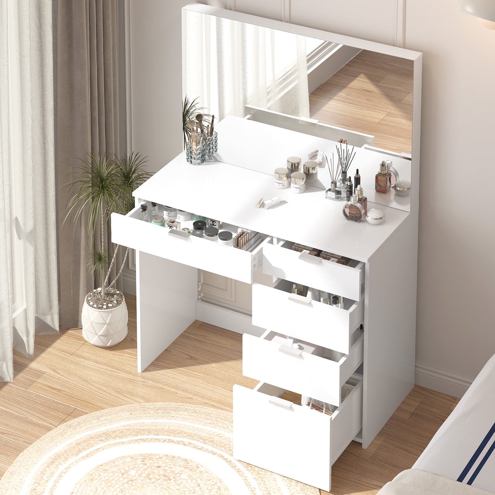 Vebreda Vanity Desk with Large Mirror and 5 Drawers for Bedroom, Dressing Room