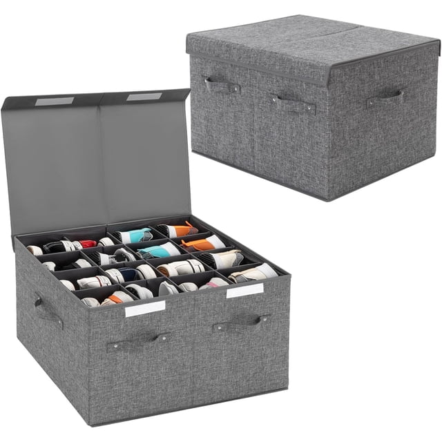 Paquete de 2 cajas de almacenamiento de zapatos, organizador con tapa y divisores ajustables para clóset, plegable y apilable