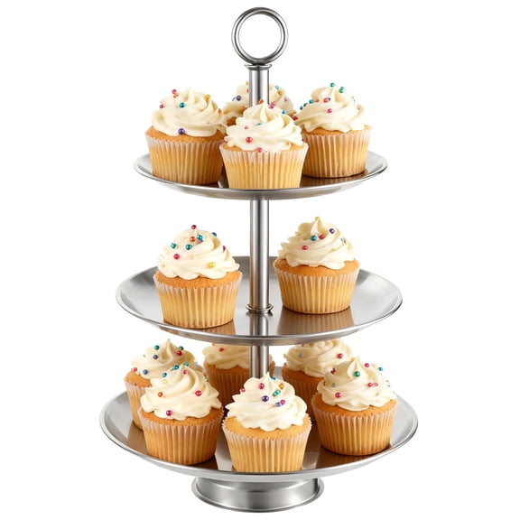 3-Tier Cupcake Stand, Large Stainless Steel Tiered Serving Tray, 7.9/9.1/10.2 in Dessert Stand, Silver Cake Stand, Easy Assemble Fruit Plate for Party, Total 15.6 in