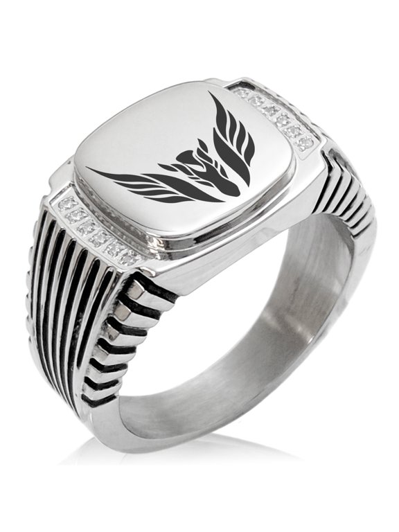 Stainless Steel Greek Mythology Pegasus CZ Ribbed Needle Stripe Pattern Biker Style Polished Ring