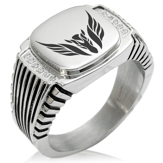 Stainless Steel Greek Mythology Pegasus CZ Ribbed Needle Stripe Pattern Biker Style Polished Ring