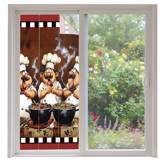 Funny Chefs Window Privacy Film Chef Cooking Food Red Plaid Decorative Glass Window Film UV Blocking Static Cling Non-Adhesive Sticker Covering for Home Door 35.4x78.7 inches