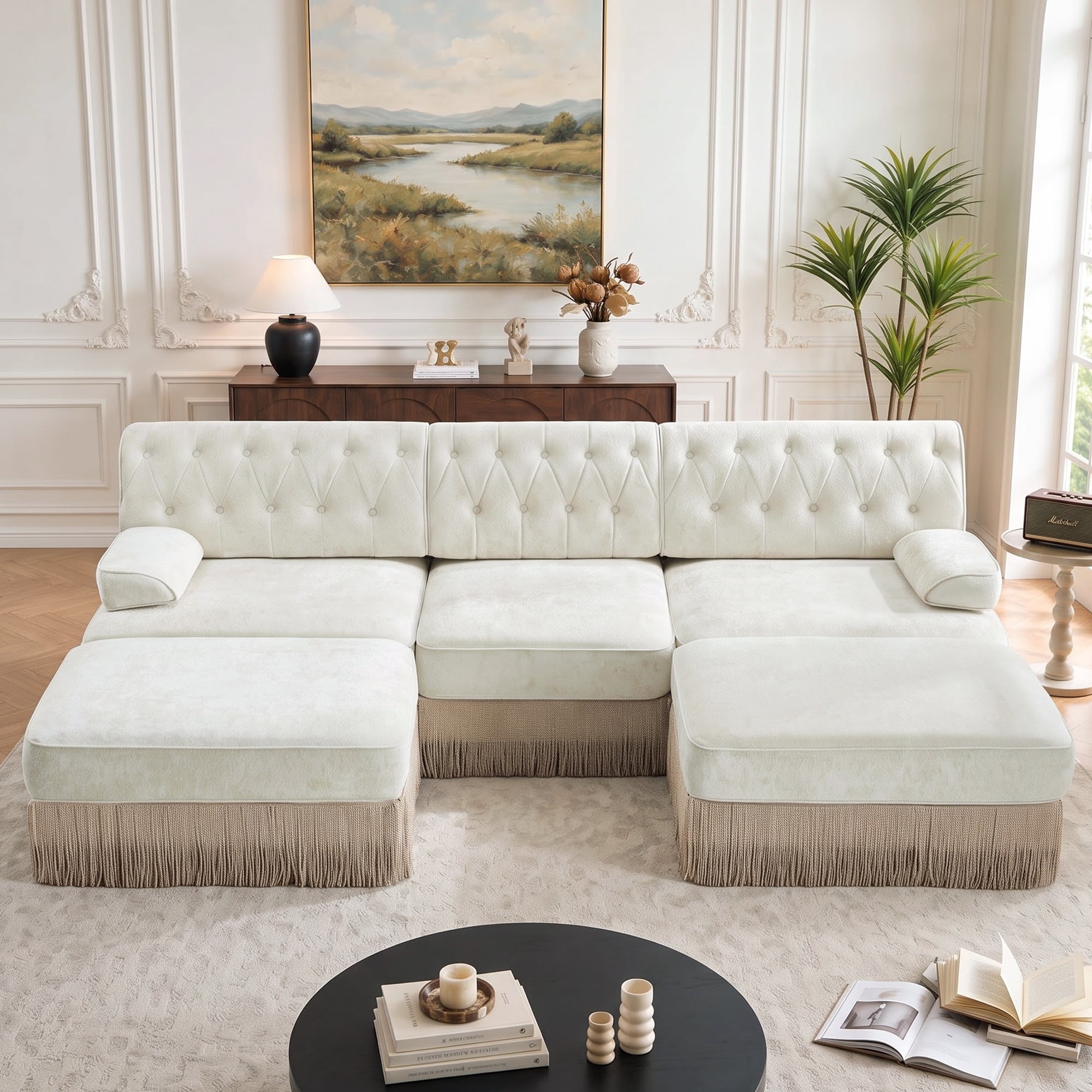 106" Chesterfield 3 Seater U-Shaped Modular Sectional Sofa Set with 2 Ottoman and Tassel Skirt, Easy to Assemble