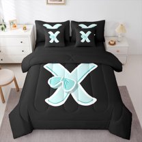 Manfei Cartoon Monogrammed X Twin Bedding Sets 7-Piece, Kawaii Ribbon Bow-tie Bedding Comforter Set, Teen Boy Girl Kid Reversible Sheet Sets, Microfiber Bedroom Decor