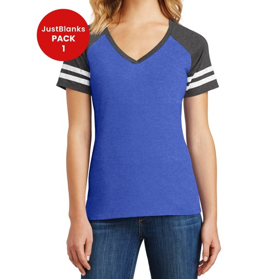 JustBlanks Women’s Game Short Sleeves Tee Distressed Printed Stripes Sleeves Comfortable Tee Crossover V-Neck T-Shirt for Women - Heathered True Royal/ Heathered Charcoal - 4X-Large