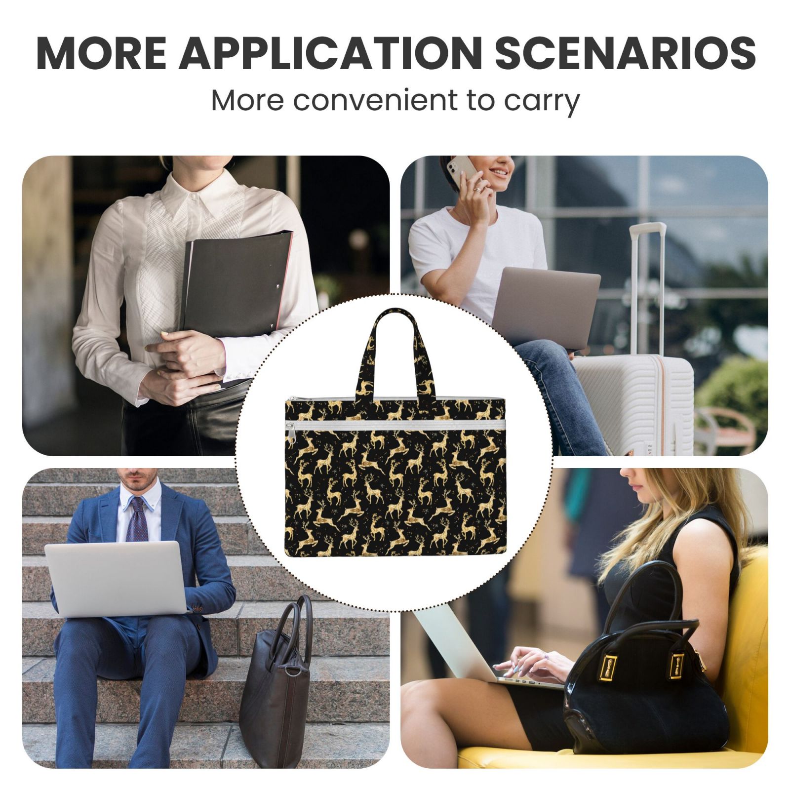 Kdxio Christmas Gold Deers File Tote Document Bag Business Briefcase Bag Document Organizer Tote Briefcase for Letter A4 Files Business Teacher Office Bag