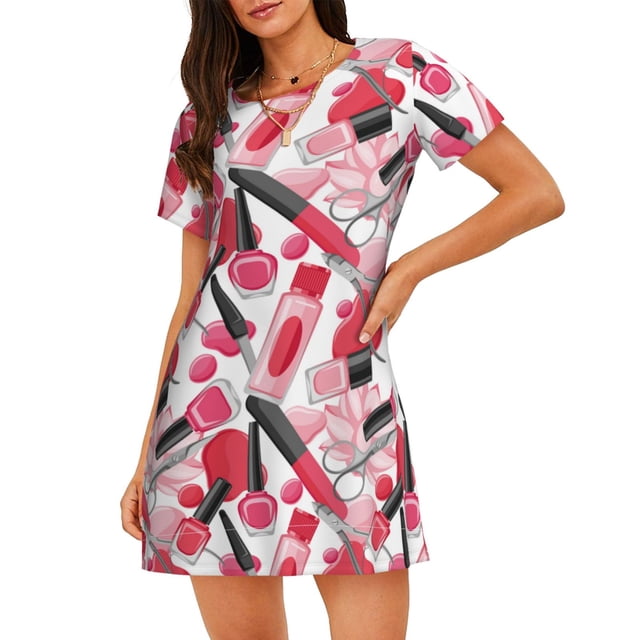 Fotbe Makeup Bata de Dormir para Mujer con Estampado, Camisón de Algodón de Manga Corta, Ropa de Dormir Casual
