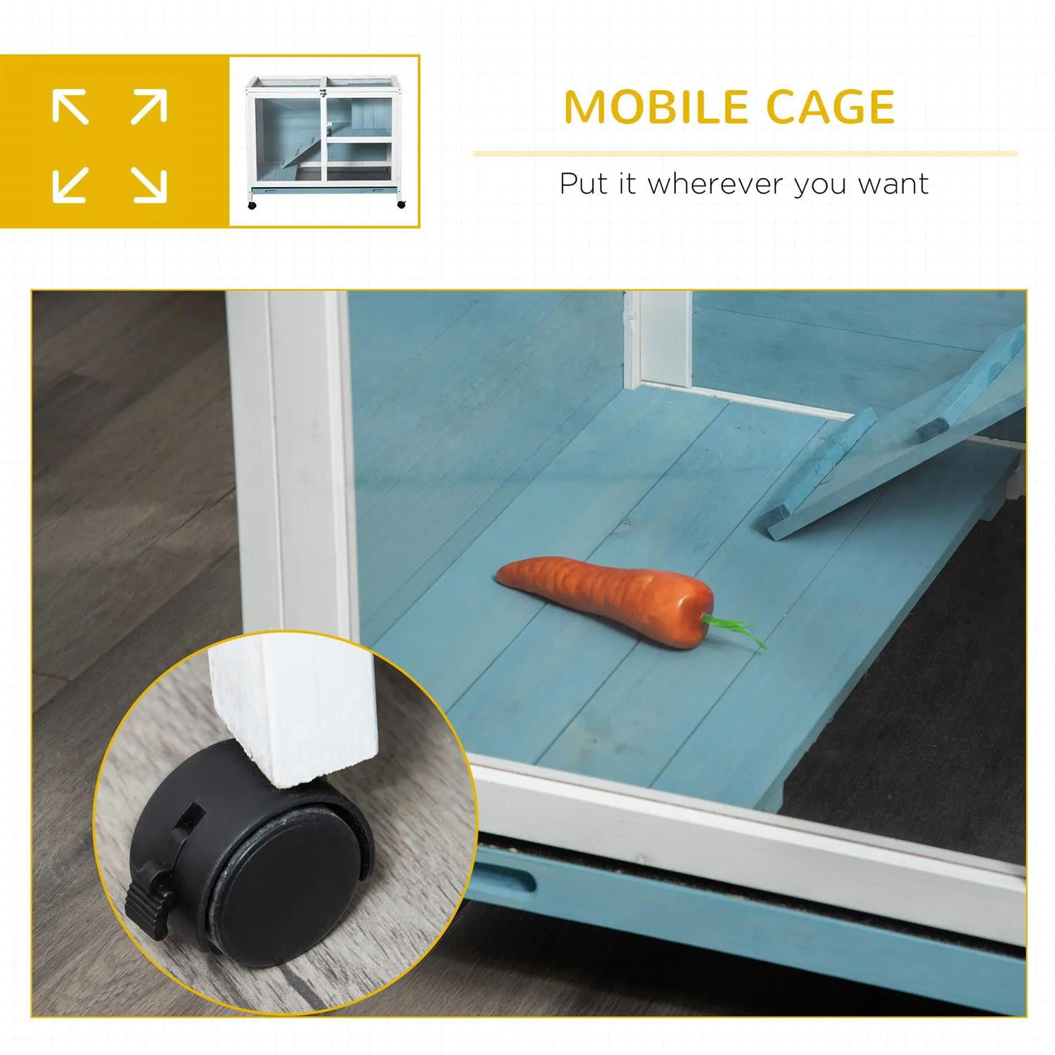 Pefilos Fir Wooden Bunny Hutch Indoor, Outdoor Rabbit Guinea Pig Cage for Small Animals with Trays & Casters, Blue