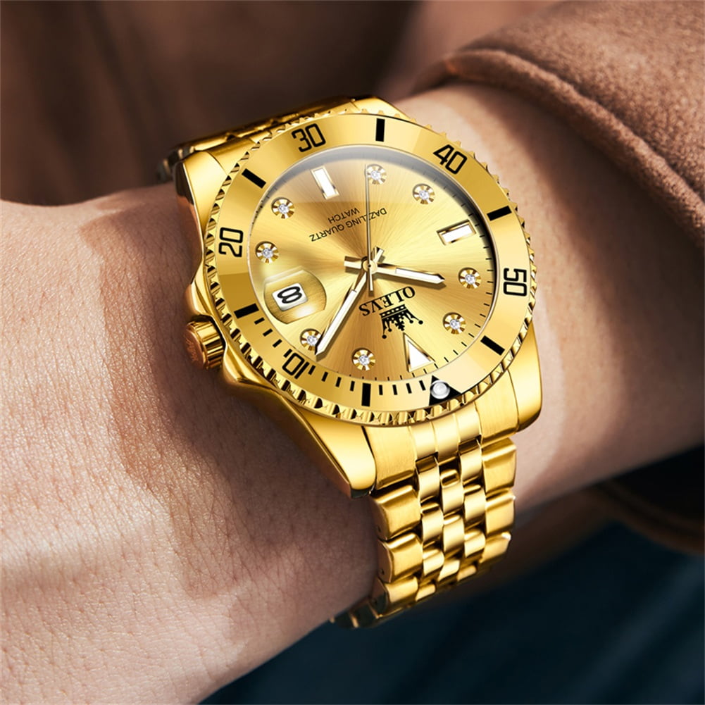 OLEVS Watch for Men Stainless Steel Business Dress Luxury Diamond Big Face Waterproof Mens Watches with Date Analog Wrist Men Watch Reloj para Hombre Gold Dial