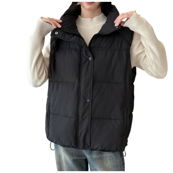 Htigea Lightweight Sleeveless Jacket for Women Zip Up Stand Collar Vest Solid Fall Winter Casual Quilted Coats Black M