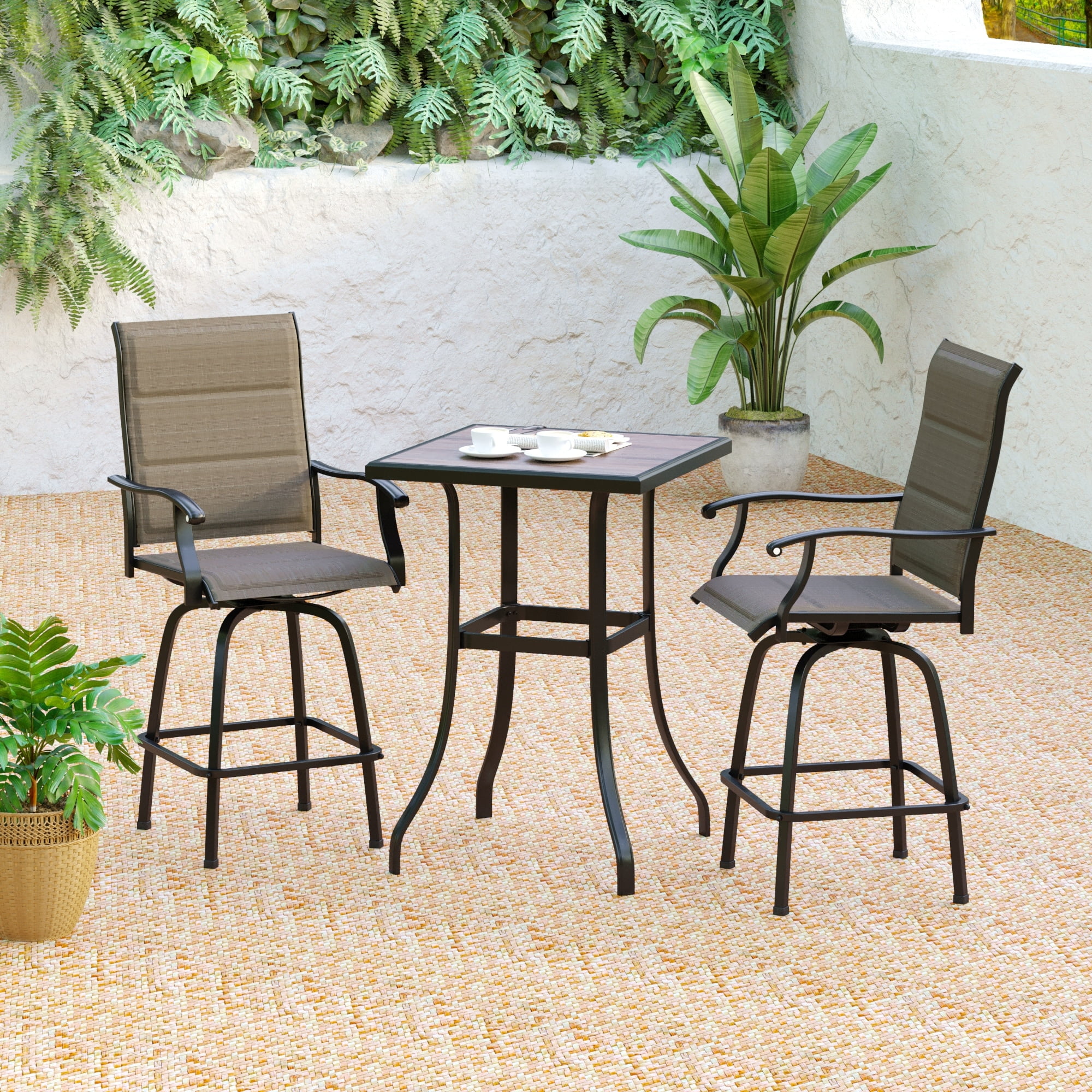 PHI VILLA 3piece Outdoor Swivel Bar Stool and Table Bistro Set Padded