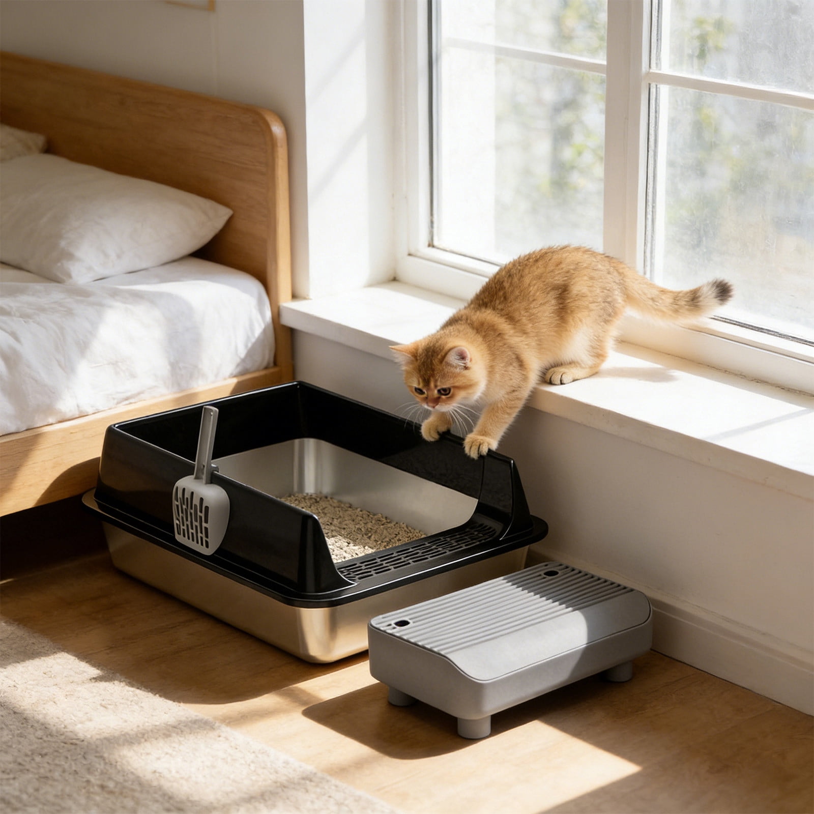Stainless Steel High Sided Cat Litter Box With Step Platform And Scoop, Odor Control Large Capacity Easy Clean Pet Toilet For Small Cats Durable Anti Leak Design