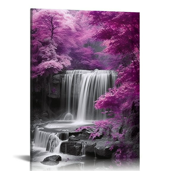 ONETECH Waterfall Canvas Wall Art Trees Forest Landscape Painting Picture Prints Black and White Purple Bathroom Bedroom Decoration 12x16 in