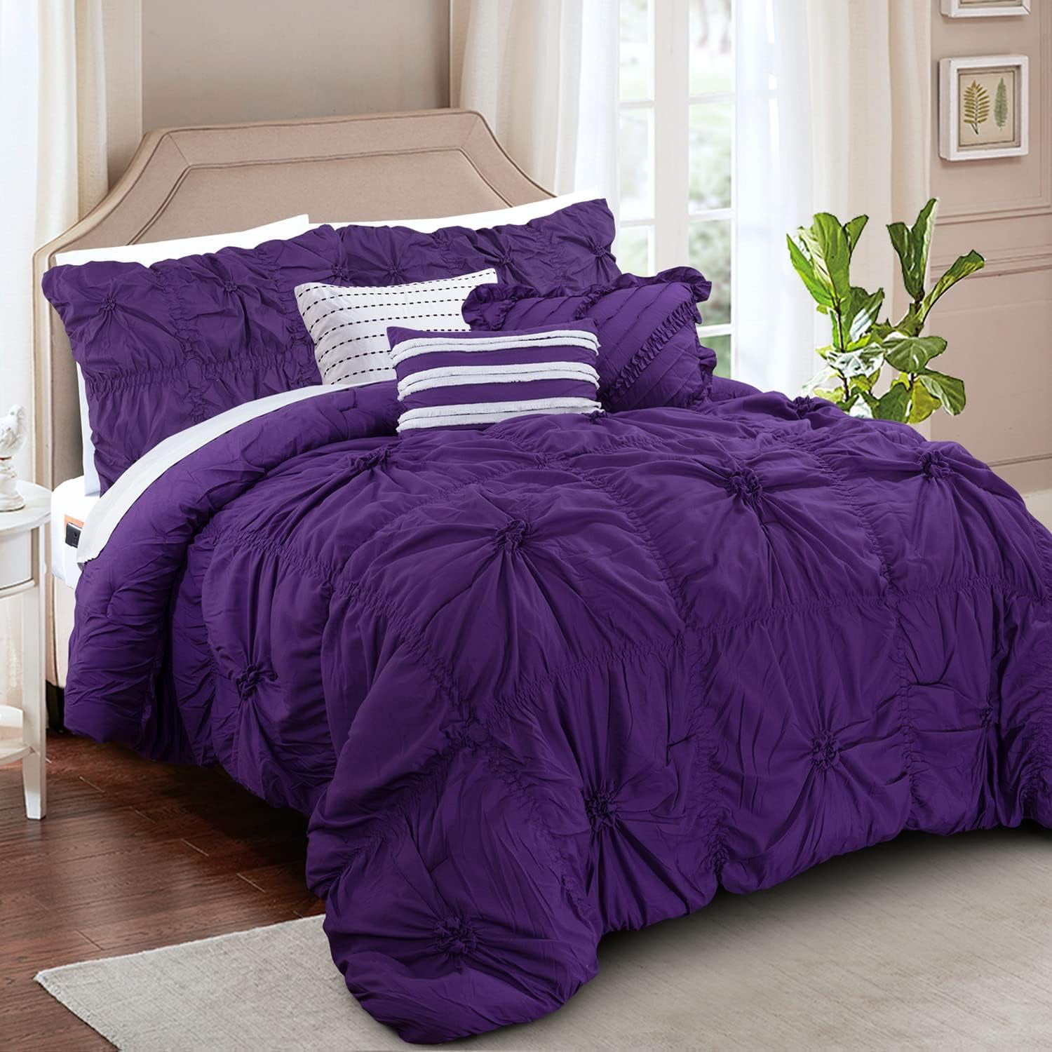 12-Piece Oversized Comforter, Amy Bedding Collection including 6-Piece Sheet Set Featuring Smart Pockets and Matching Decorative Pillows, King/California King, Purple