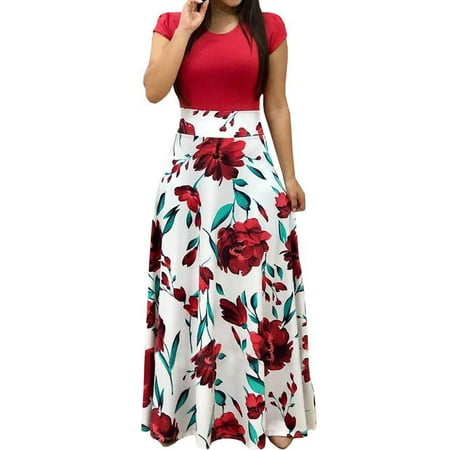KABOER Women's Fashion Floral Maxi Dress Short Sleeve Long Flowers Printed Casual Beach Comfort