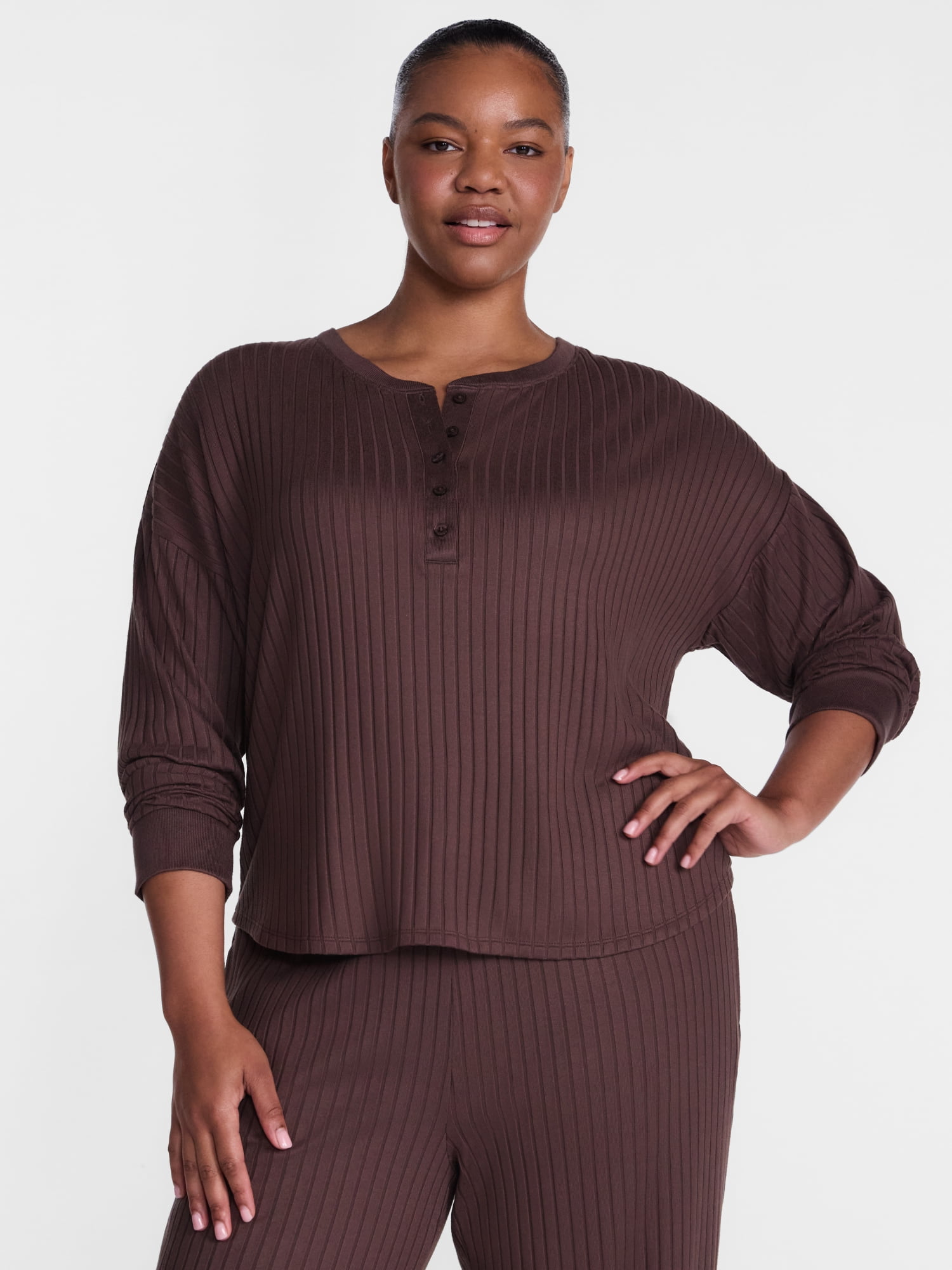 Joyspun Women's Cozy Lounge Collection Hacci Long Sleeve Henley Sleep Top, Sizes XS to 3X