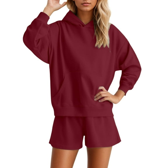 Arlun Sweatsuits for Women 2 Piece Solid Color Outfit Drop Shoulder Long Sleeve Hoodies with Pocket and Shorts Relaxed Fit Soft Comfortable Loungewear Matching Set XL