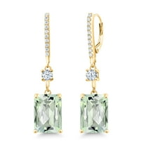 Gem Stone King 18K Yellow Gold Plated Silver Green Prasiolite Dangle Earrings for Women (13.50 Cttw, Gemstone Birthstone, Emerald Cut 14X10MM and Round 4MM)