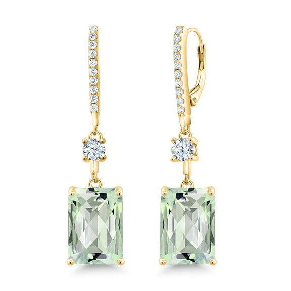 Gem Stone King 18K Yellow Gold Plated Silver Green Prasiolite Dangle Earrings for Women (13.50 Cttw, Gemstone Birthstone, Emerald Cut 14X10MM and Round 4MM)