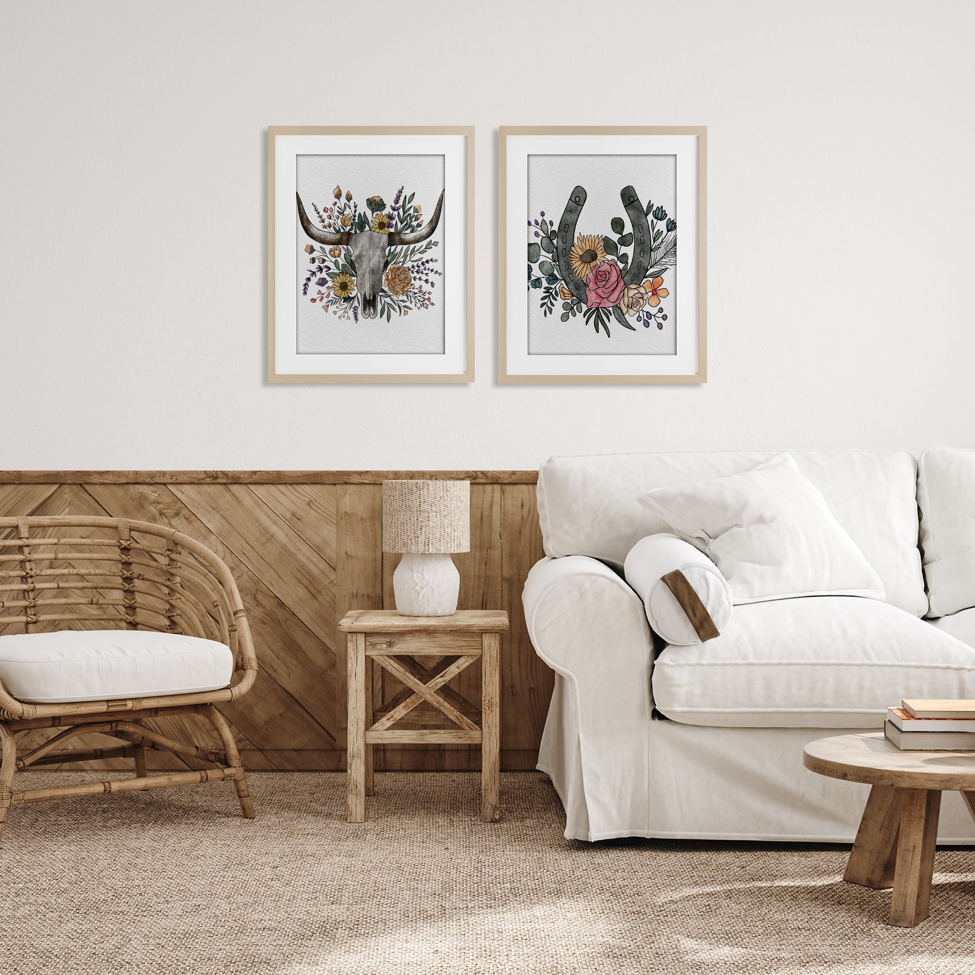 Stupell Industries Boho Longhorn & Horseshoe 2 Piece Birch Framed Print Under Glass Set, design by Alisha Kiara Design