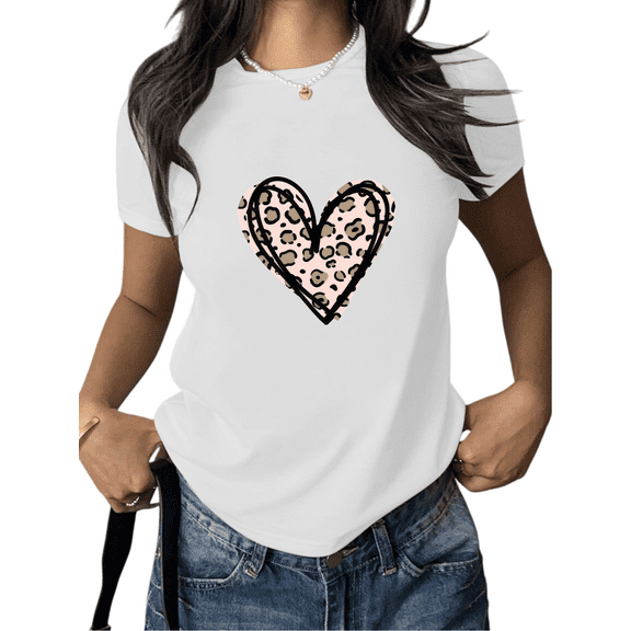 White Cotton Graphic Tees Pink Leopard Heart Print Tshirt Shirts S-5XL Trendy Animal Plain Tops
