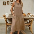 thumbnail image 1 of Vestido de Algodón con Bolsillos Color Sólido Algodón Suéter de Lino sin Mangas Falda Larga, Cuello Redondo Bolsillo Vestido Suelto Casual para las Mujeres, 1 of 8