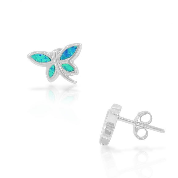 925 Sterling Silver Blue Turquoise-Tone Simulated Opal Dragonfly Stud Earrings
