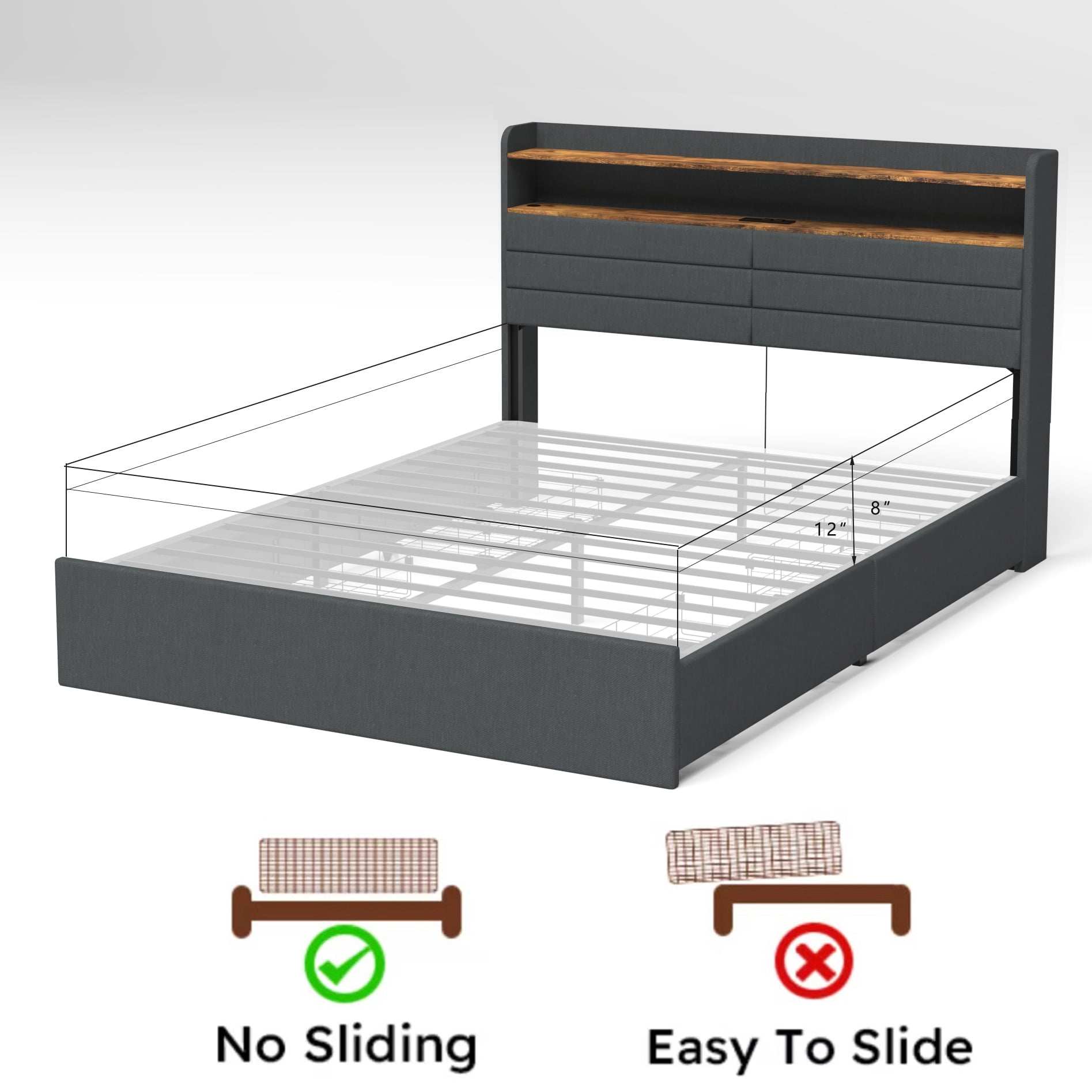 Miniyam Queen Size Bed with LED Headboard, Storage Drawers, USB Charging Ports for Adults