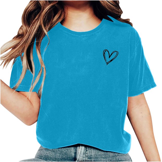 AherBiu Hauts d'Été pour Femmes Manches Courtes T-Shirts Confortables Imprimé Cœur Col Rond Basiques Blouse