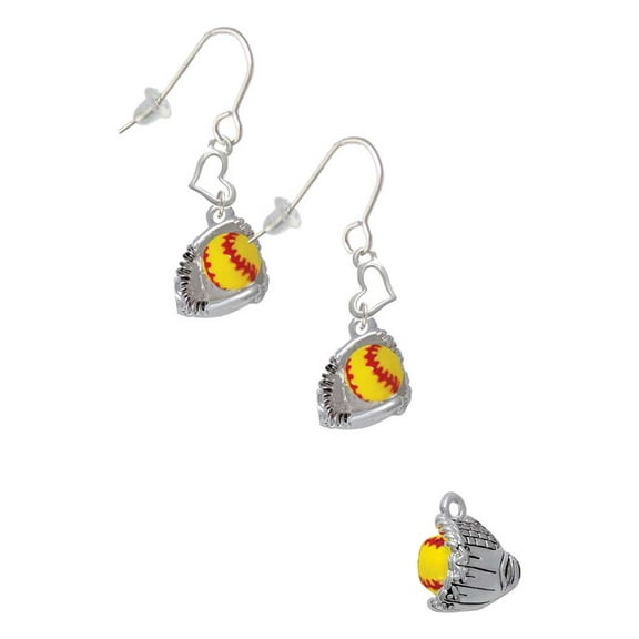 Silvertone Small Enamel Softball with Glove Heart French Earrings
