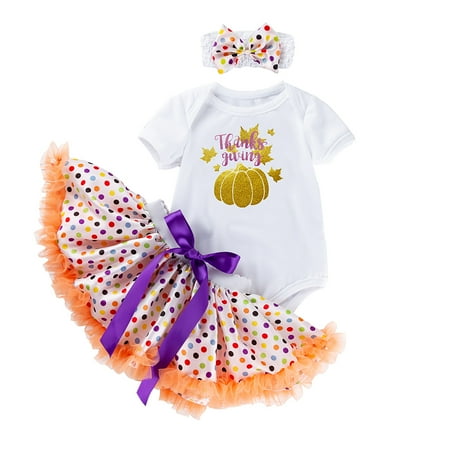 

EHTMSAK Newborn Infant Baby Toddler Girl 3PCS Summer Clothing Set Outfits Bodysuit and Polka Dot Skirt Set Short Sleeve Thanksgiving Day with Headband White 0-2Y 66/M