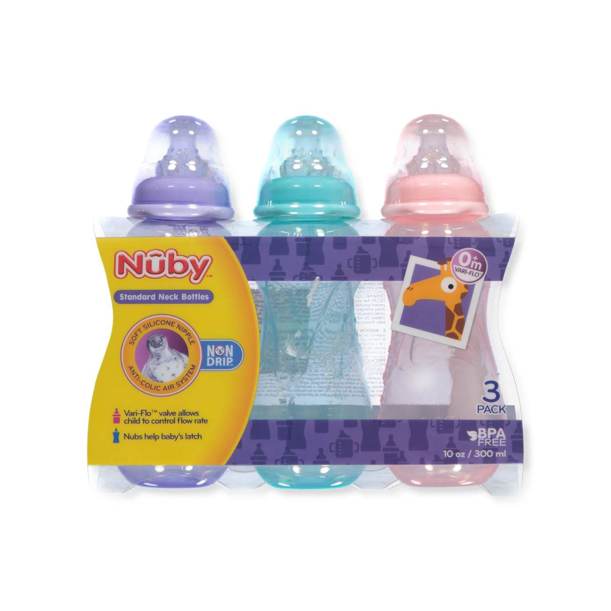 Nuby 3-Pack Bottles (10 oz.) - purple/pink/blue, one size