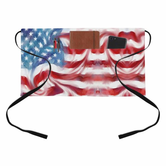 American Flag Kitchen Restaurant Half Waist Apron, Abstract Swirling Watercolor USA Flag Server Short Apron with 3 Pockets Waterproof Oil Waist Aprons for Women Waitress Waiter
