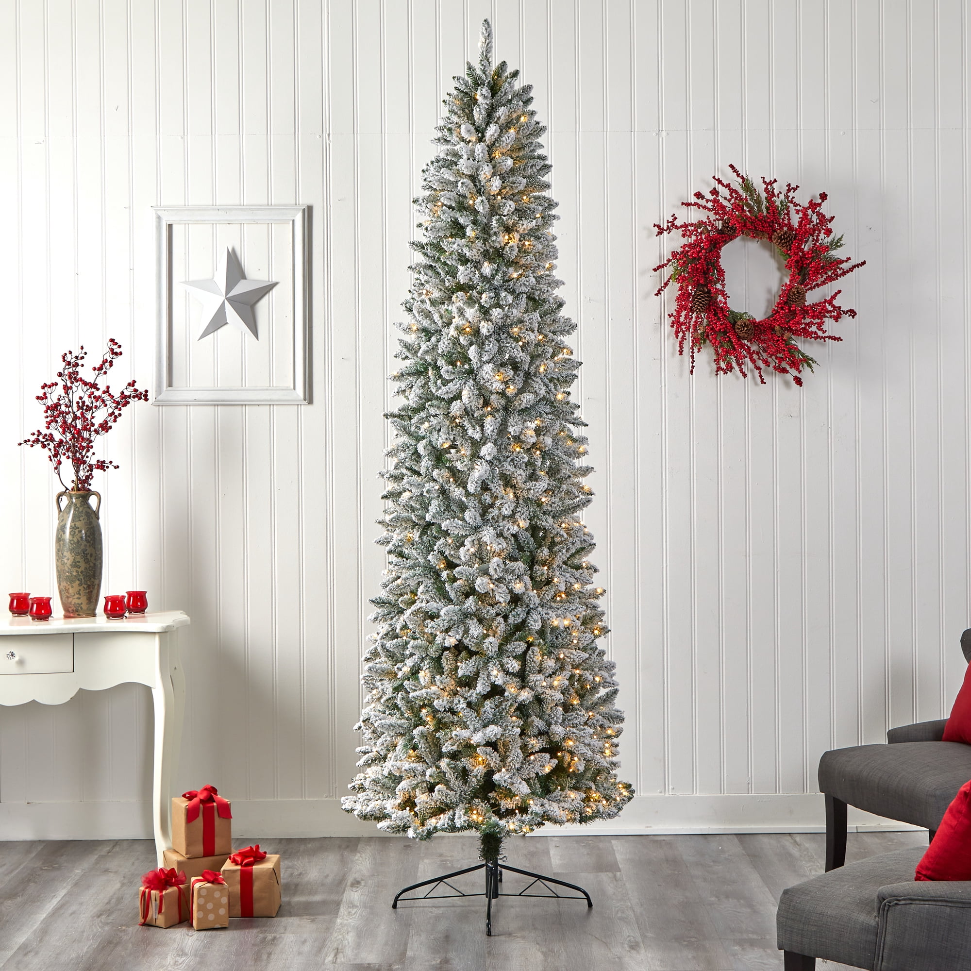 Nearly Natural 9' Slim Fir Artificial Christmas Tree Prelit 600 LED Lights