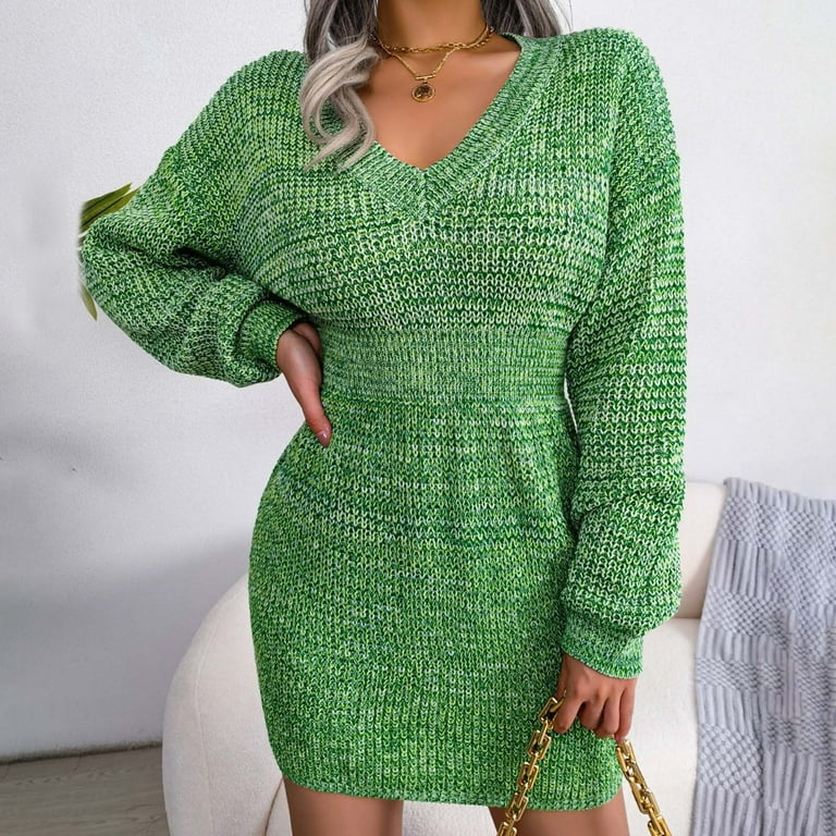 stretch dress short knitted Women's V Neck Mini Sweater Dress Knit Stretch Elasticity Lantern Long  Sleeve Dress Casual Winter Fall Short Dress