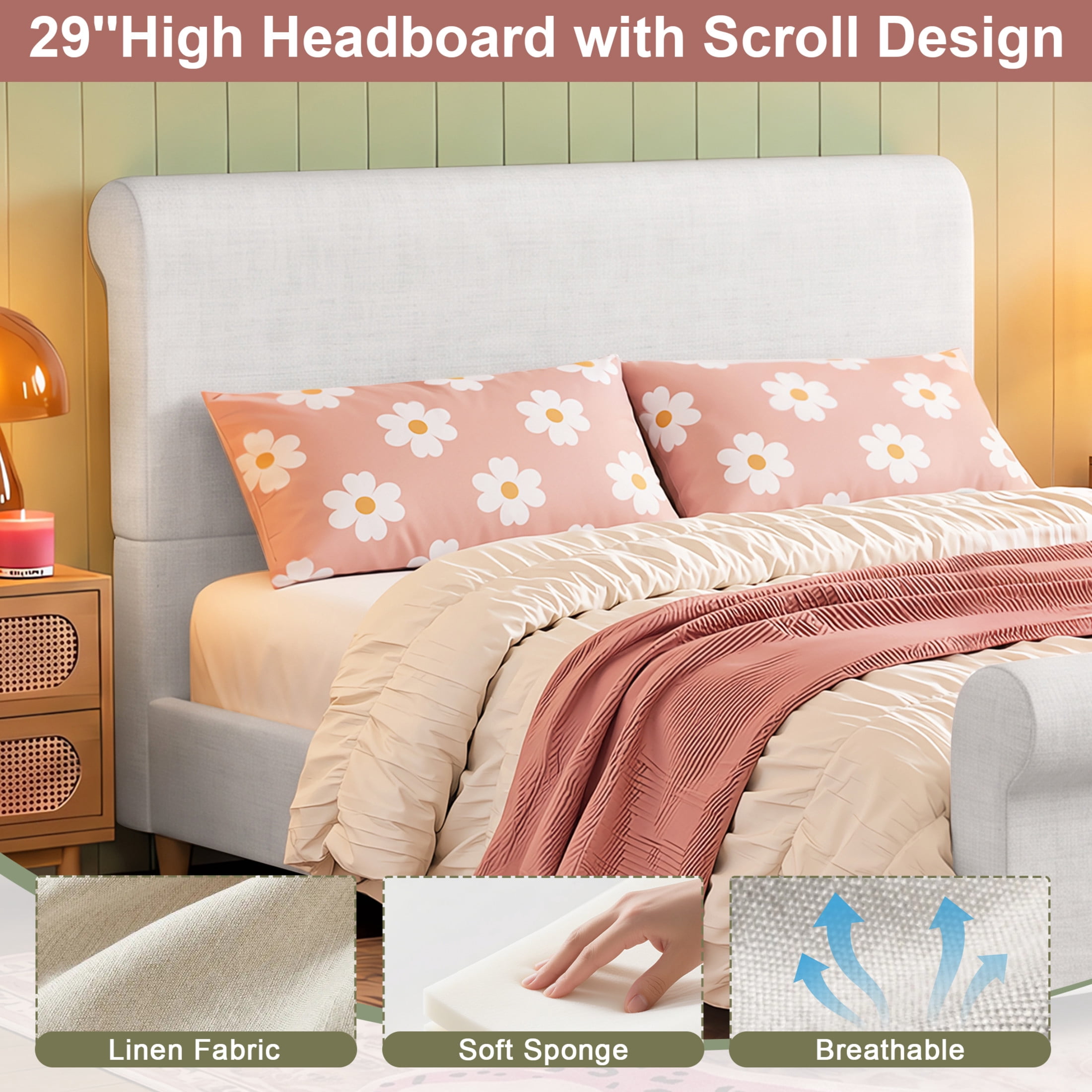 GDF Studio Flora Queen Size Upholstered Sleigh Bed Frame with High Headboard, Solid Wood Legs & Slats Support, Beige