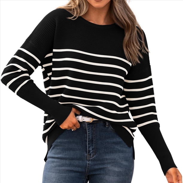 Suéter de Otoño 2025 para Mujer, Jersey de Punto Acanalado de Larga, Holgado, Cuello Redondo, Murciélago, Suéter Dividido. y Negro M